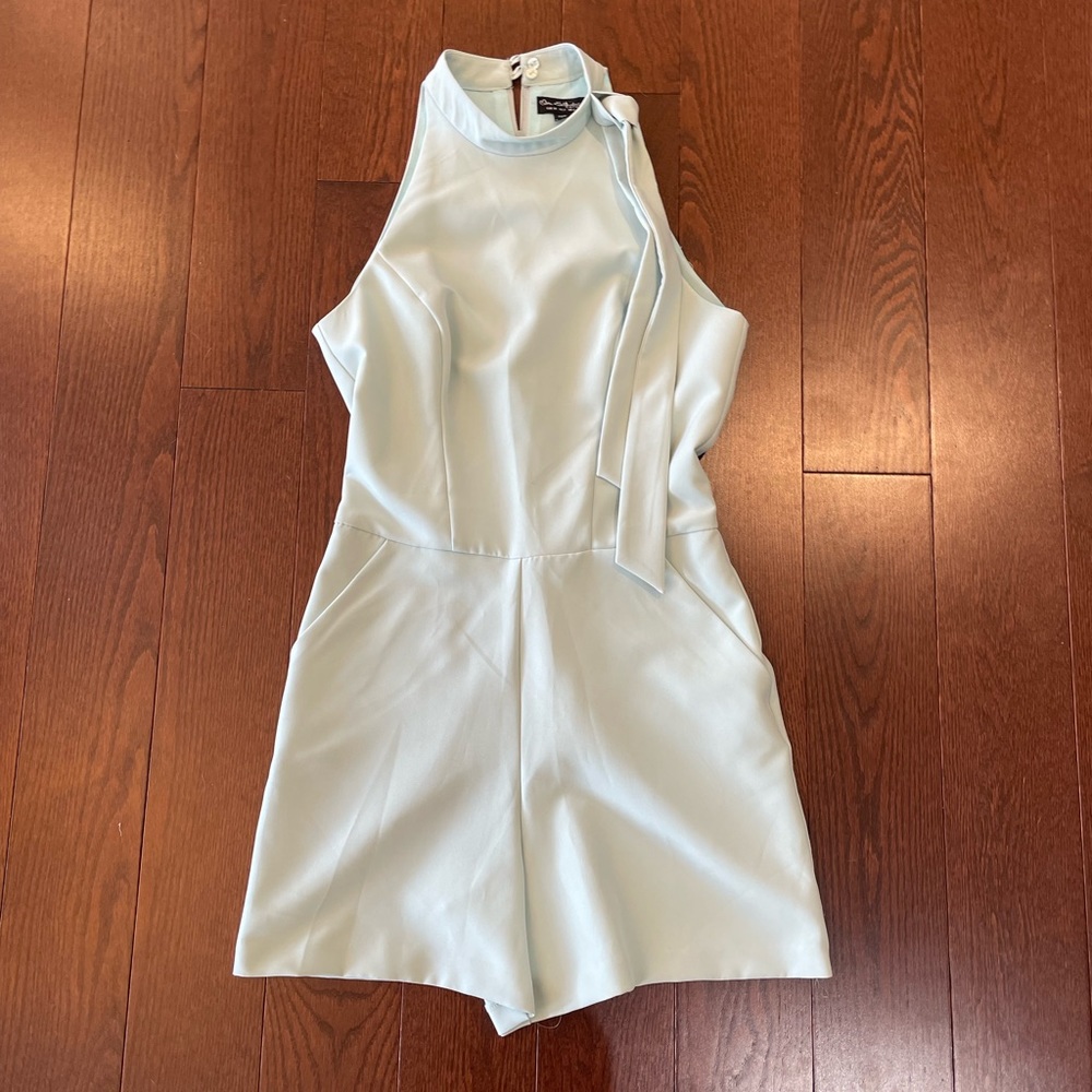 Romper with zip back and pockets. Robins egg blue.